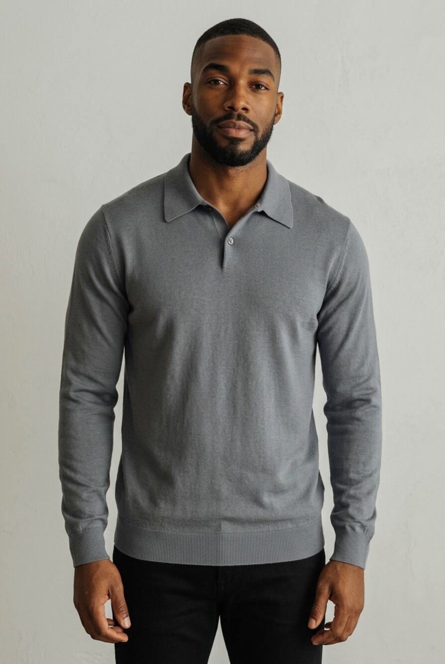 XL sweater knit polo August Silk Men's gray long-sleeve collared pullover